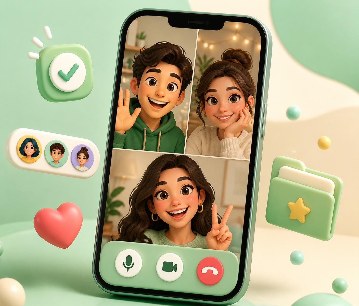 Group video call between three friends on the Opidi app