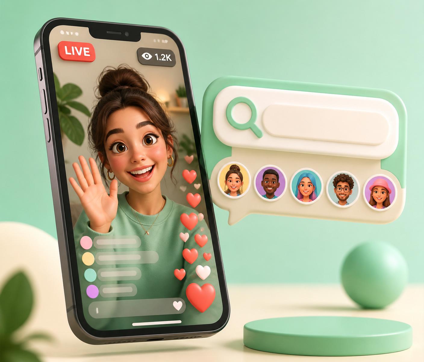 A Opidi creator going live with a search bar and follower avatars floating alongside
